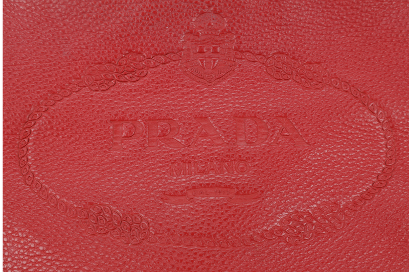 PRADA LOGO VITELLO PHENIX MEDIUM RED LEATHER BUCKET MESSENGER BAG GOLD HARDWARE WITH STRAPS AND DUST COVER