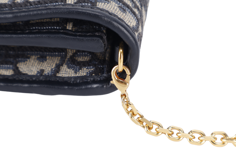 CHRISTIAN DIOR MONTAIGNE 2 IN 1/W.O.C BLUE NAVY OBLIQUE JACQUARD GOLD HARDWARE WITH CHAIN STRAPS, LEATHER STRAPS , DUST COVER AND BOX