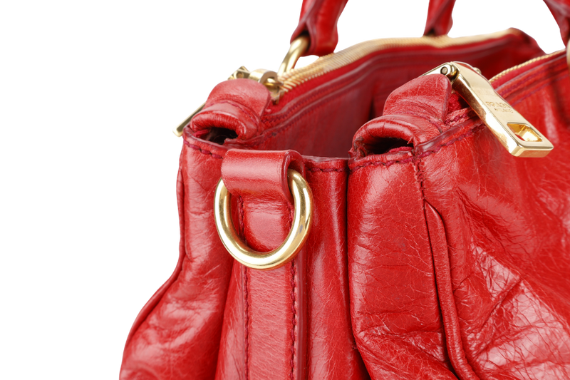 PRADA BR2324 VITELLO SHINE RED MEDIUM SATCHEL LEATHER 2WAYS BAG GOLD HARDWARE WITH CARD AND STRAPS