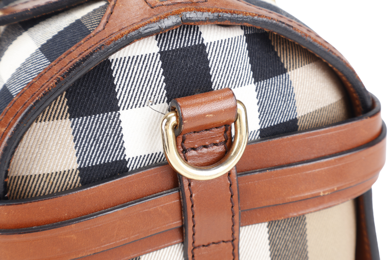 BURBERRY HOUSE CHECK BRIDLE BOWLING BAG BROWN CANVAS AND LEATHER GOLD HARDWARE WITH DUST COVER