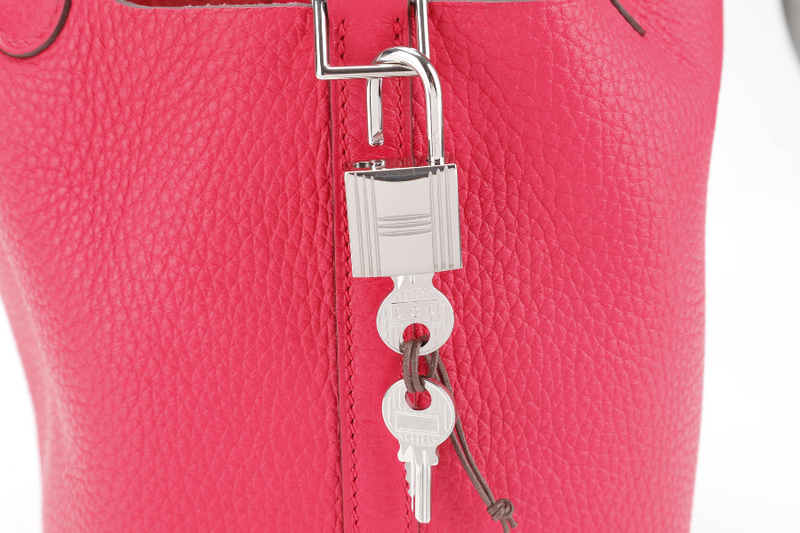 HERMES PICOTIN 18 ROSE TEXAS COLOR CLEMENCE LEATHER STAMP A (2017) SILVER HARDWARE WITH LOCK & KEYS AND DUST COVER