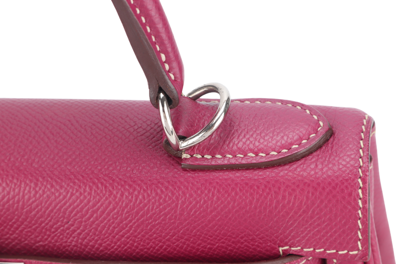 HERMES KELLY 28 CANDY VERSO TOSCA AND ROSE TYRIEN COLOR EPSOM SILVER HARDWARE STAMP O (YEAR 2011) WITH KEYS, LOCK, STRAP AND DUST COVER
