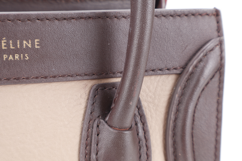 CELINE LUGGAGE NANO BAG TRICOLOR BROWN TAUPE LEATHER GOLD HARDWARE WITH LONG STRAPS
