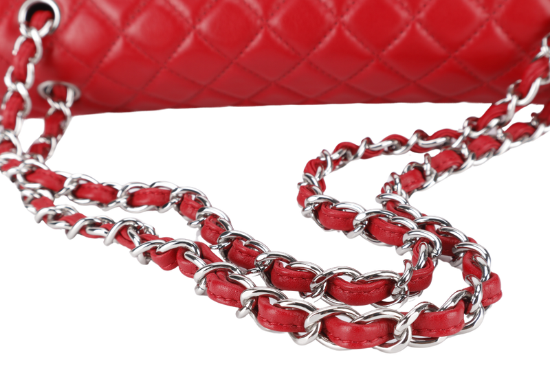 CHANEL SINGLE FLAP BAG (1444xxxx) RED QUILTED LAMBSKIN SILVER HARDWARE WITH CARD