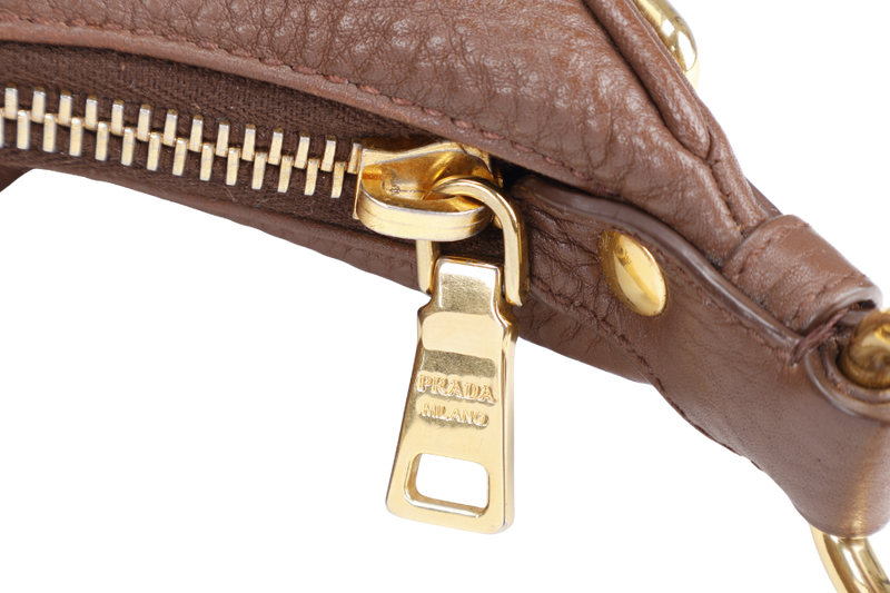 PRADA ZIP TOP HOBO VITELLO DAINO BAG LARGE BROWN LEATHER GOLD HARDWARE NO DUST COVER