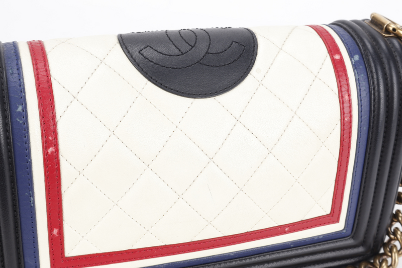 CHANEL LEBOY (2191xxxx) CREST BLACK, RED, WHITE & BLUE LAMBSKIN LEATHER GOLD HARDWARE WITH BOX