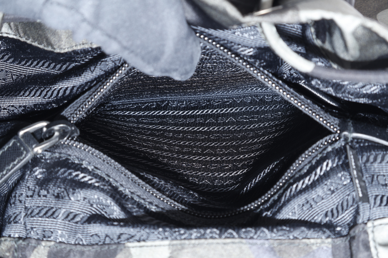 PRADA BZ0032 TESSUTO CAMOUFLAGE PATTERN GREEN BACKPACK WITH SILVER HARDWARE WITH CARD, NO DUST COVER