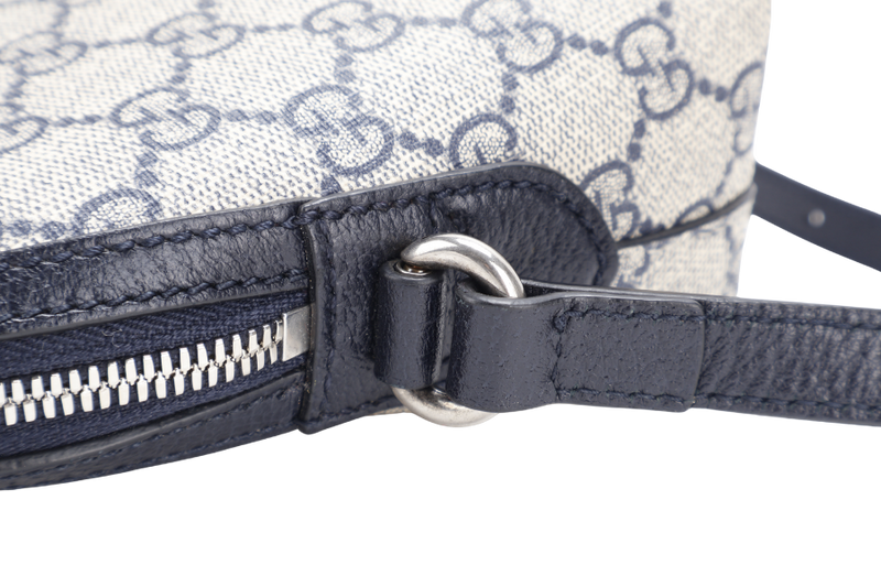GUCCI OPHIDIA CROSS BODY BAG SMALL BLUE GG MONOGRAM CANVAS SILVER HARDWARE WITH DUST COVER AND BOX