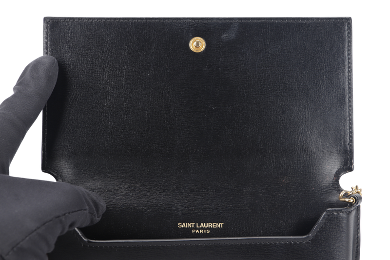 YVES SAINT LAURENT (YSL) CASSANDRA PHONE HOLDER (TGN33509.0322) BLACK LEATHER GOLD HARDWARE WITH DUST COVER AND BOX