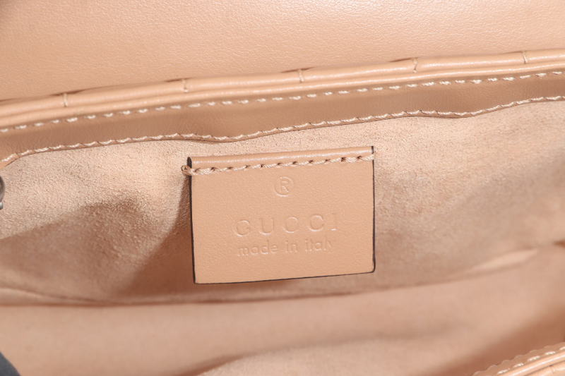 GUCCI GG MARMONT SUPER MINI BEIGE MATELASSE CHEVRON LEATHER RUTHENIUM HARDWARE WITH DUST COVER AND BOX
