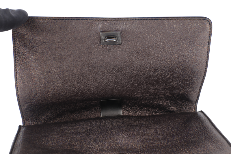 SALVATORE FERRAGAMO GANCINI CLUTCH (BW-21 A498) DARK GREY METALLIC RUTHENIUM HARDWARE NO DUTS COVER