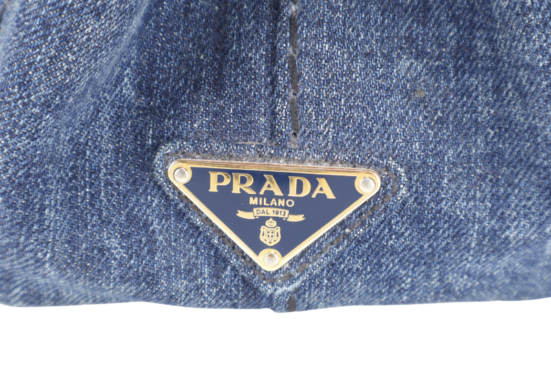 PRADA BN2439 BLUE CANAPA LOGO DENIM SATCHEL HANDBAG GOLD HARDWARE WITH CARD