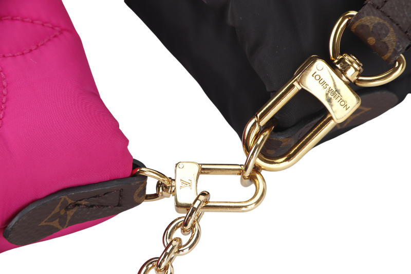 LOUIS VUITTON MAXI MULTI POCHETTE (M58980) BLACK AND FUCHSIA NYLON PILLOW MONOGRAM WITH GOLD CHAIN , STRAP WITH DUST COVER