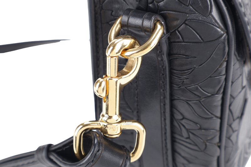 CHRISTIAN DIOR BOBBY FLORAL MOTIF (05-RU-0211) MEDIUM BLACK LEATHER GOLD HARDWARE WITH STRAPS, CARD AND BOX