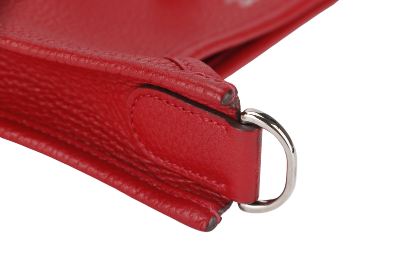 HERMES EVELYNE PM STAMP P RED CLEMENCE LEATHER SILVER HARDWARE WITH STRAP AND DUST COVER