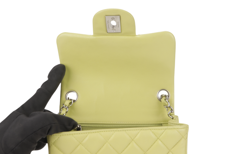 CHANEL CLASSIC FLAP MINI LIME (1468xxxx) LAMBSKIN SILVER HARDWARE NO CARD WITH DUST COVER