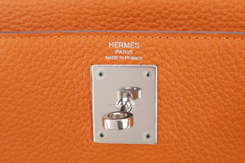 HERMES KELLY 28 RETOURNE ORANGE CLEMENCE LEATHER SILVER HARDWARE STAMP X (YEAR 2016) WITH LONG STRAP, LOCK&KEYS , DUST COVER, RAINCOAT AND BOX