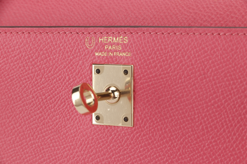 HERMES KELLY 25 HSS SELLIER STAMP C (YEAR 2020) EPSOM ROSE AZALEE, CRAIE LIGHT GOLD HARDWARE WITH KEYS LOCK, RAINCOAT AND DUST COVER