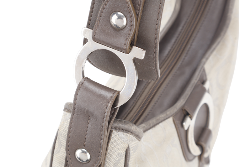 SALVATORE FERRAGAMO GANCINI GREY CANVAS WITH BROWN LEATHER LINING SILVER HARDWARE WITH DUST COVER