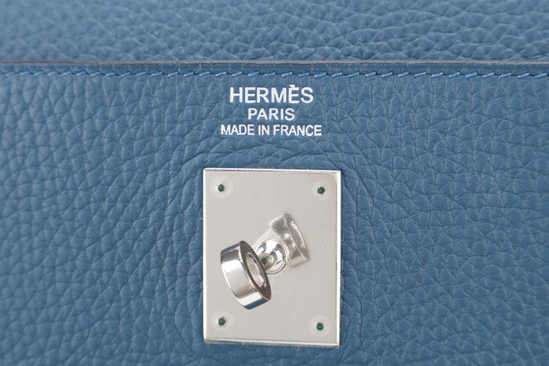 HERMES KELLY 35 BLUE COLVERT CLEMENCE LEATHER SILVER HARDWARE STAMP Q (YEAR 2013) WITH STRAPS, KEYS & LOCK , BOX AND PAPER BAG (NO DUST COVER)