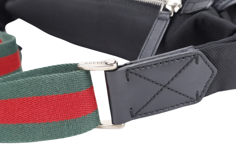 GUCCI TECHNO WEB BELT BAG BLACK CANVAS SILVER HARDWARE WITH DUST COVER