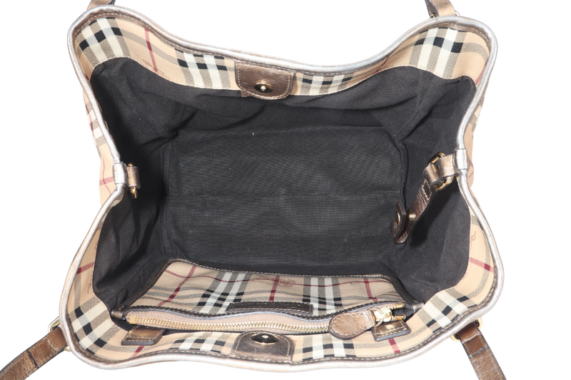 BURBERRY HAYMARKET CHECK TOTE BEIGE LEATHER GOLD HARDWARE WITH DUST COVER