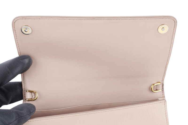 PRADA BANDOLIERA TRIANGLE LOGO HANDBAG MINI BEIGE LEATHER GOLD HARDWARE WITH DUST COVER AND BOX