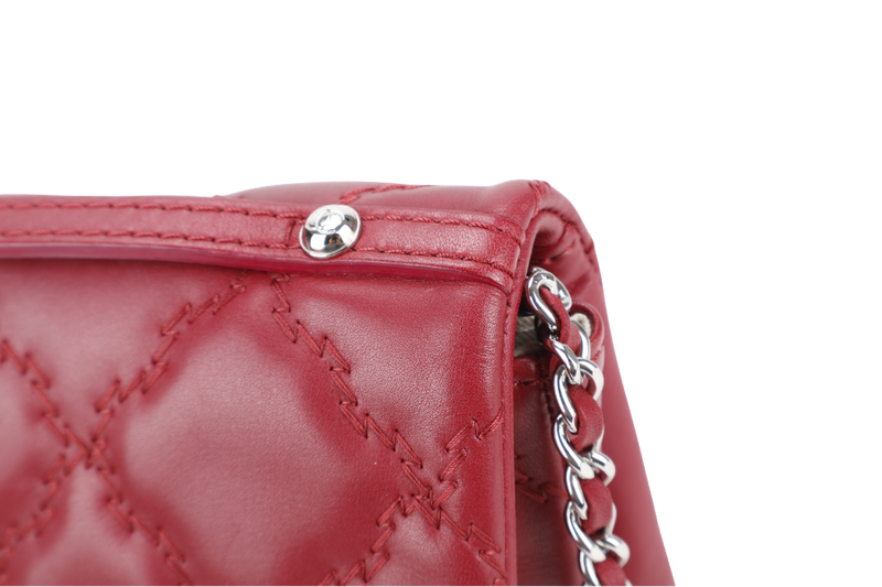 CHANEL HAMPTONS WILD STITCH DARK RED LEATHER FLAP BAG SILVER HARDWARE (1783xxxx) WITH CARD, DUST COVER AND BOX