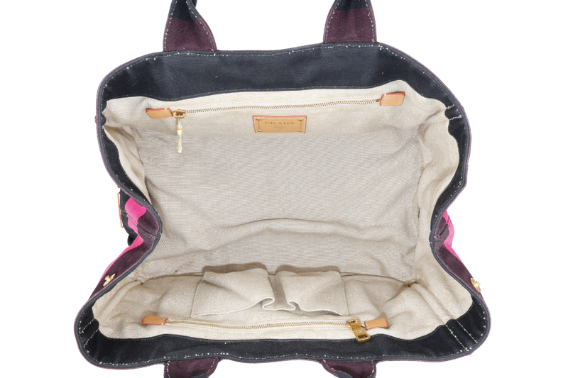 PRADA CANAPA RIGHE B1872B PINK AND DARK BROWN CANVAS TOTE BAG WITH CARD AND DUST COVER