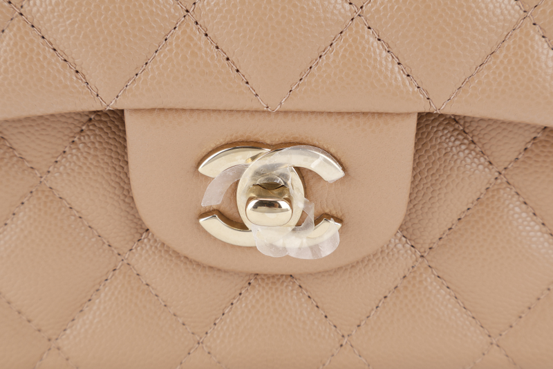 CHANEL CLASSIC FLAP SMALL DARK BEIGE CAVIAR LEATHER GOLD HARDWARE (U2CXxxxx) WITH DUST COVER AND BOX