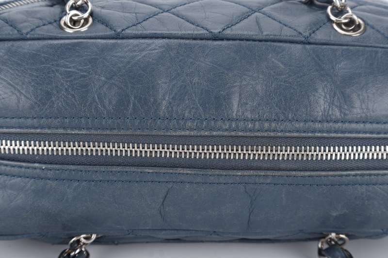 CHANEL CLUB BOWLER BAG (1138xxxx) BLUE CALFSKIN QUILTED COTTON LEATHER SILVER HARDWARE NO DUST COVER