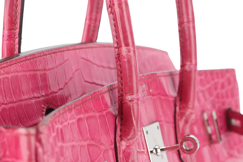 HERMES BIRKIN 35 SHINY POROSUS ROSE TYRIEN SILVER HARDWARE STAMP UNCLEAR WITH KEYS, LOCK, RAINCOAT AND DUST COVER