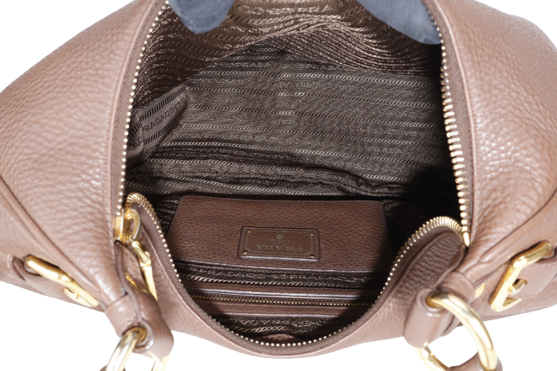 PRADA ZIP TOP HOBO VITELLO DAINO BAG LARGE BROWN LEATHER GOLD HARDWARE NO DUST COVER
