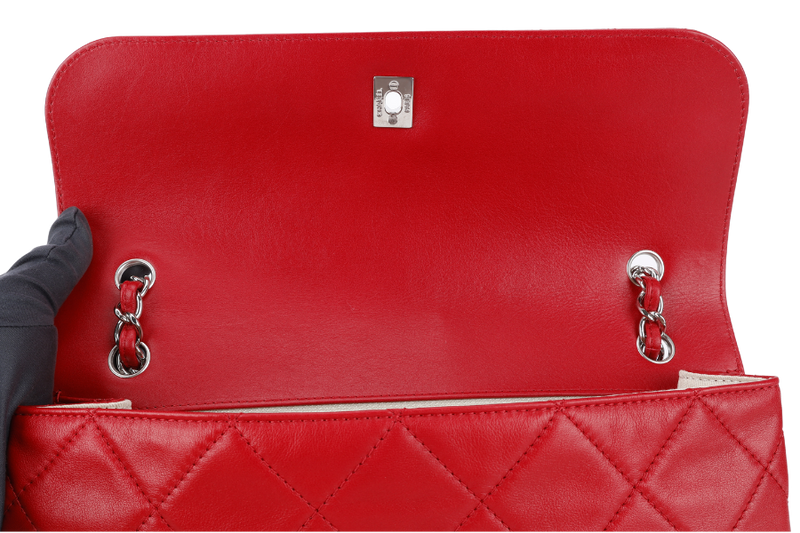 CHANEL SINGLE FLAP BAG (1444xxxx) RED QUILTED LAMBSKIN SILVER HARDWARE WITH CARD