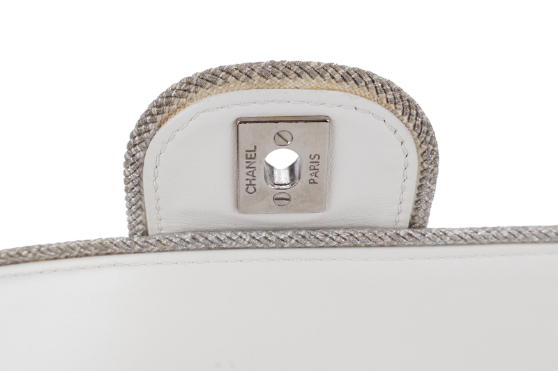 CHANEL WHITE QUILTED LEATHER GLITTER TRIM EDGE SHOULDER BAG SILVER CHAIN 2718xxxx WITH CARD, DUST COVER AND BOX