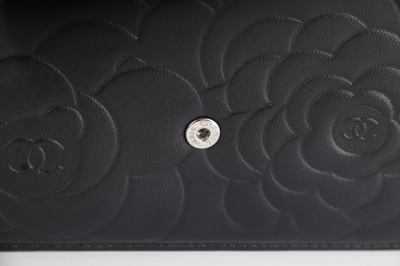 CHANEL CAMELLIA W.O.C (1609xxxx) BLACK EMBOSSED LAMBSKIN SILVER HARDWARE  WITH CARD AND BOX