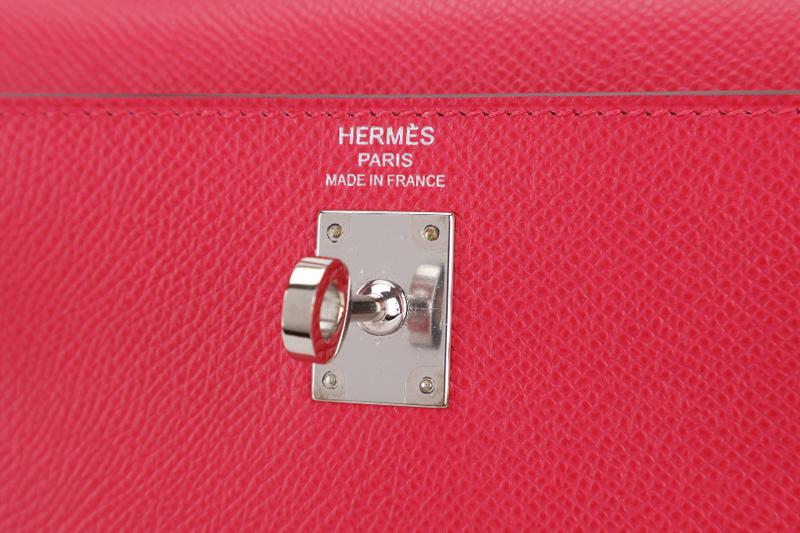 HERMES KELLY 25 SELLIER ROSE EXTREME EPSOM SILVER HARDWARE STAMP D (2020) WITH DUST COVER, LOCK & KEYS, STRAPS AND RAINCOAT