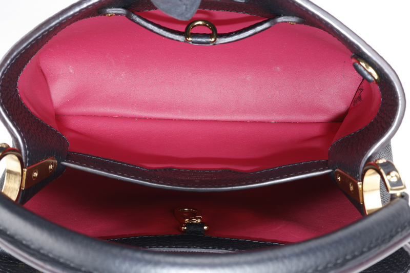 LOUIS VUITTON CAPUCINES BB BLACK CALFSKIN LEATHER GOLD HARDWARE WITH LEATHER STRAPS AND DUST COVER