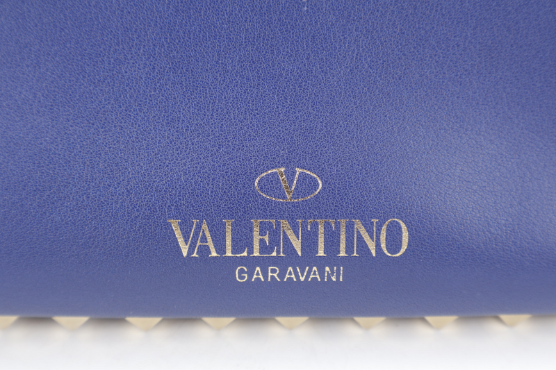 VALENTINO VITELLO SMALL ROCKSTUD BLUE LEATHER TOTE BAG WITH GOLD HARDWARE WITH STRAPS AND DUST COVER