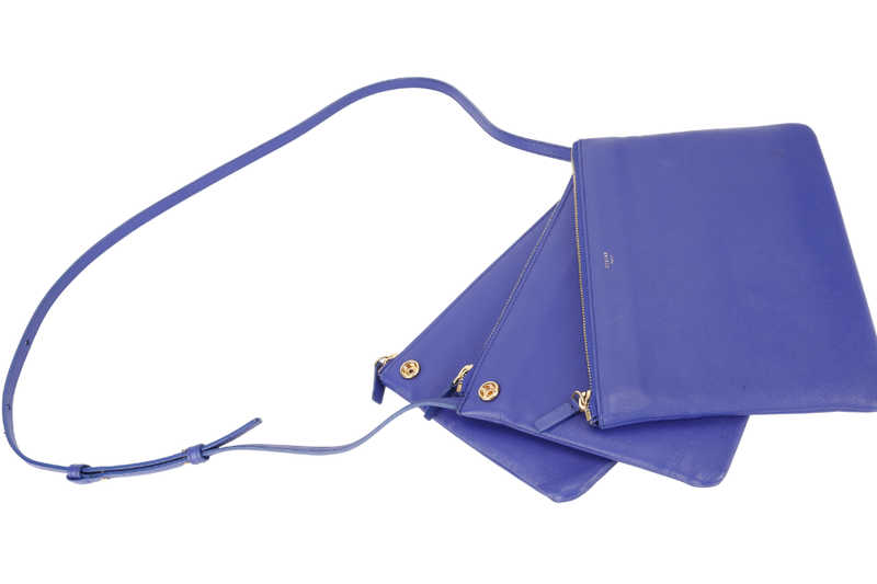 CELINE TRIO MESSENGER BAG BLUE CALF LEATHER GOLD HARDWARE WITH DUST COVER