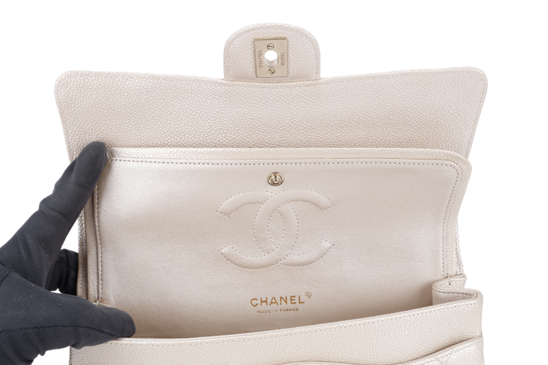 CHANEL CLASSIC FLAP MEDIUM LIGHT GOLD CAVIAR BRUSHED GOLD HARDWARE (1651xxxx) WITH DUST COVER, CARD AND BOX