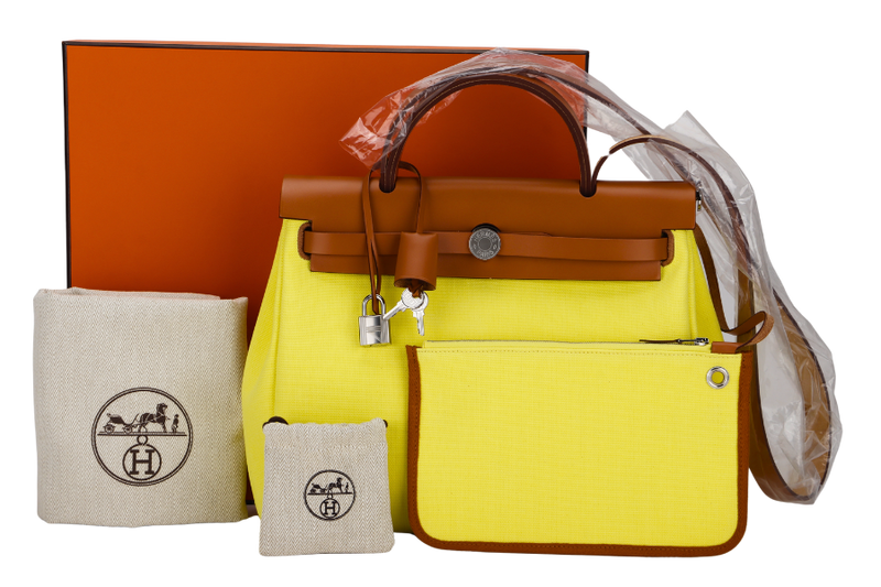 HERMES HERBAG ZIP RETOURNE 31 (STAMP B) GRIS MEYER, ECRU & BEIGE NATUREL COLOR TOILE H PLUME CC CIRCUIT, WITH KEYS, LOCK, DUST COVER & BOX