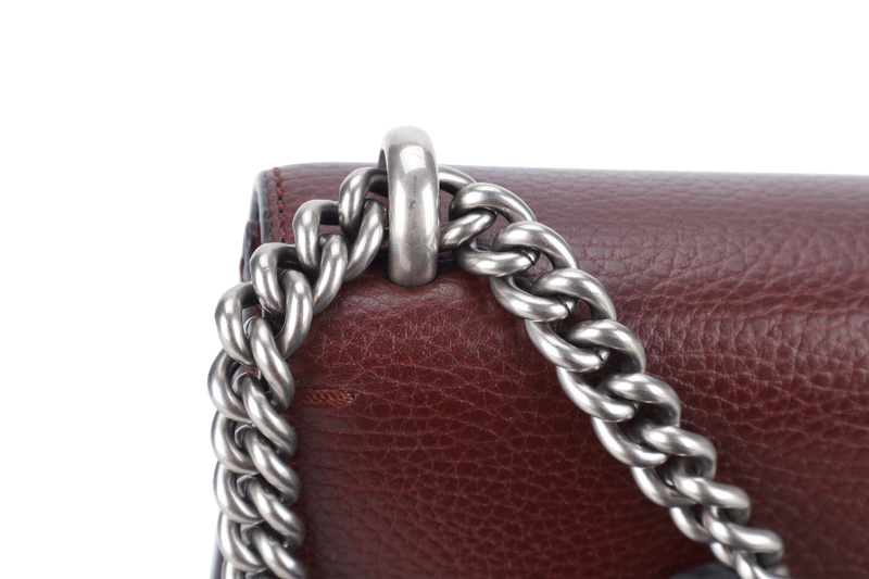 GUCCI 421970 493075 DIONYSUS MINI MAROON TANNED LEATHER SHOULDER BAG SILVER HARDWARE WITH DUST COVER