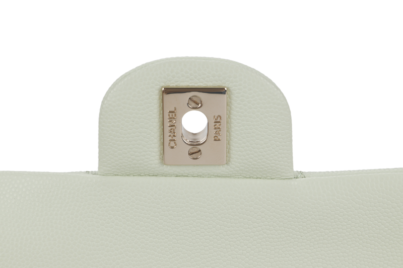 CHANEL FLAP MEDIUM (ALUNxxxx) MINT GREEN CAVIAR LEATHER LIGHT GOLD HARDWARE MICROCHIP WITH DUST COVER