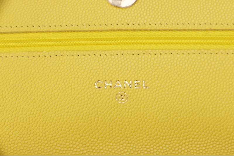 CHANEL CLASSIC WALLET ON CHAIN MICROCHIP (ETGCxxxx) YELLOW CAVIAR LEATHER SILVER HARDWARE WITH DUST COVER AND BOX