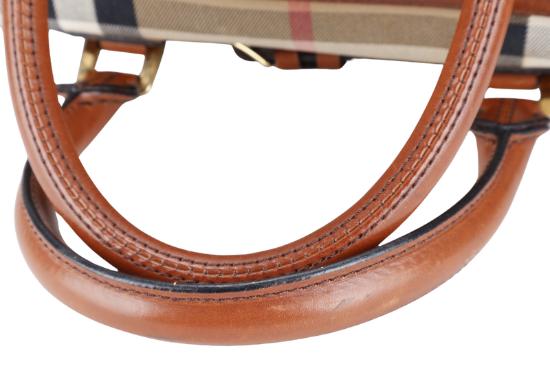 BURBERRY HOUSE CHECK BRIDLE BOWLING BAG BROWN CANVAS AND LEATHER GOLD HARDWARE WITH DUST COVER