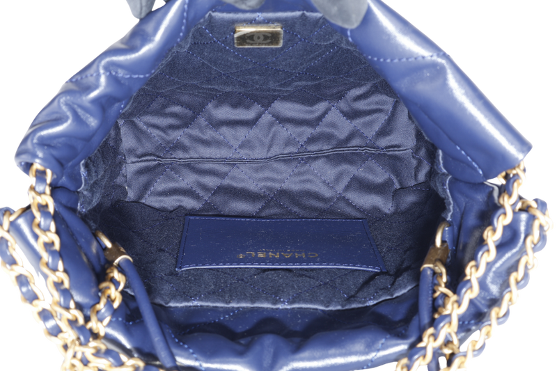 CHANEL MINI 22 (XE8Kxxxx) BLUE SHINY CALF LEATHER GOLD HARDWARE WITH DUST COVER, BOX AND PAPER BAG