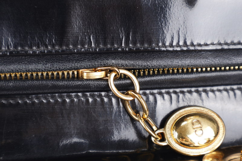 CHRISTIAN DIOR LADY DIOR LARGE PATENT BLACK GOLD HARDWARE WITH CARD AND DUST COVER
