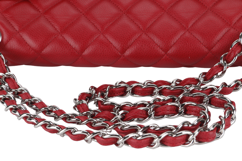 CHANEL CLASSIC FLAP MAXI (1442xxxx) RED CAVIAR LEATHER SILVER HARDWARE WITH CARD