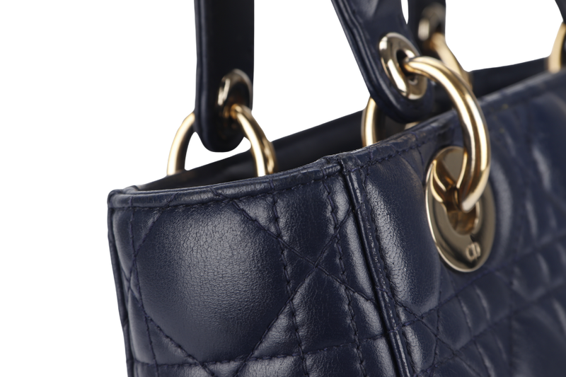 CHRISTIAN DIOR LADY DIOR SMALL (01-RU-1117) NAVY BLUE CANNAGE LAMBSKIN GOLD HARDWARE WITH STRAP, DUST COVER AND BOX